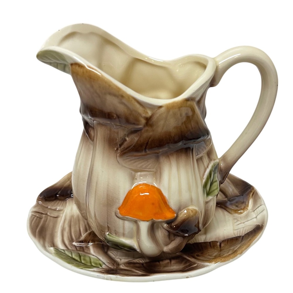 Vintage Mushroom Ceramic Pitcher and Saucer Set Brown Orange Retro 1413
